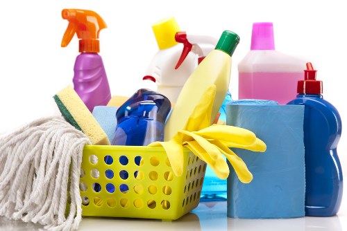 Cleaning products and safety gear arranged for use